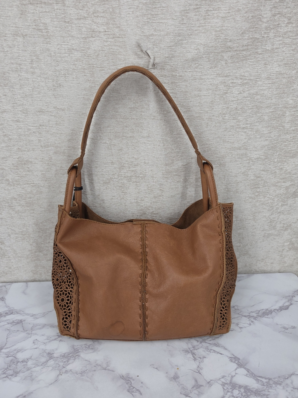 The Sak Brown Laser Cut Leather Handbag Fringe Tassel Charm LARGE WATER SPOT - Picture 2 of 12